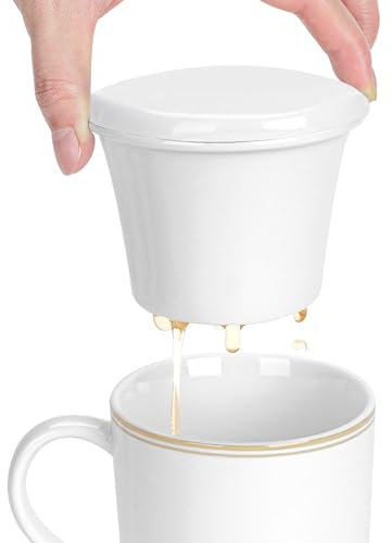 Linkidea Infuseur à thé en céramique avec couvercle, filtre à thé pour feuilles de thé, compatible avec la plupart des tasses à café rondes de diamètre 8 cm à 8,9 cm, passe au lave-vaisselle