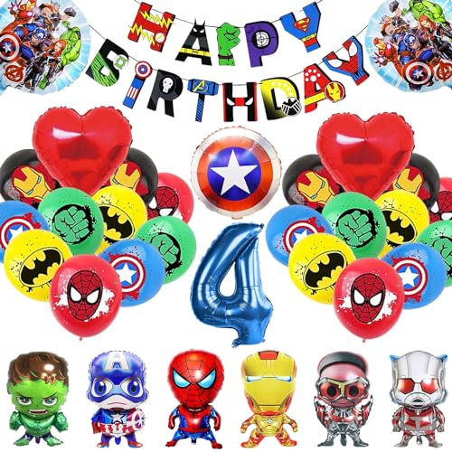 33 Stück Super-helden Deko Geburtstag 4 Jahre, Super-helden Luftballons Geburtstag 4 Jahre, Superhelden Luftballon Kindergeburtstag Deko, Super-held Party Luftballons Dekoration für Kinder