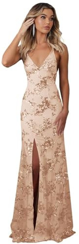 Générique Robes de Bal de Fin d'année sirène à Sequins étincelants Robes de soirée Formelles à Longue Fente Robe de soirée à Bretelles Spaghetti et col en V Rose Gold XXL