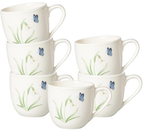 Villeroy & Boch Colourful Spring Mokka- / Espressotassen 6er Set, 100 ml, Tassen mit Schmetterlingen- und Blumen-Dekor, Ostern Deko, Premium Porzellan, Weiß/Bunt