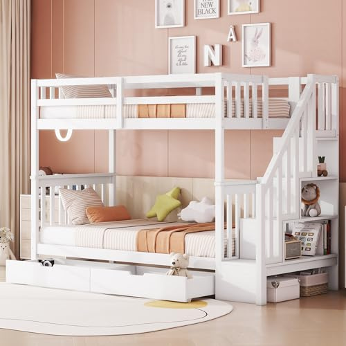 Etagenbett 90x200cm mit Schubladen und Treppe(mit seitlichem Stauraum), Kinderbett Hochbett für 2 Kinder, Jugendbett Funktionsbett Stockbett mit lattenrost, Rrausfallschutz Bett Holz, Kiefer, Weiß