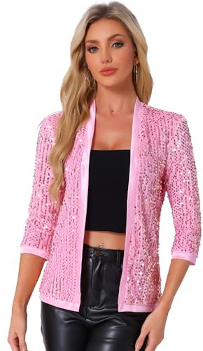 Allegra K Damen Pailettenjacke Glitzer Elegant Blazer Langarm Pailletten Party Club Offen Jacke Jacken Hell Rosa L