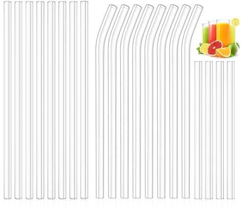 Kiemeu 20 Pack Clear Glass Straws for Drinking, Φ8 mm Thin Reusable Straws, Family Pack