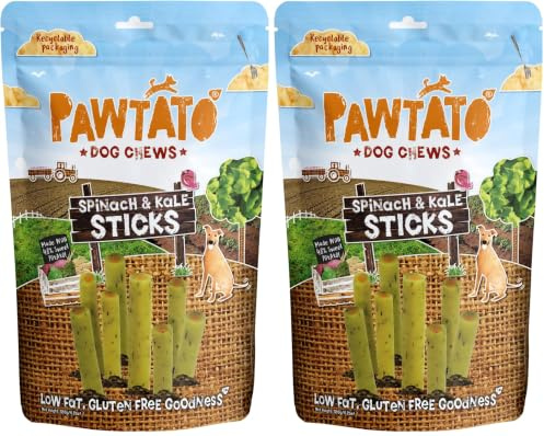 Pawtato Vegan Dog Chews Spinach And Kale Tubes. Natural rawhide alternative dog treat. Low fat, plant based, hypoallergenic, sweet potato and rice chews, 120g (Pack of 2)