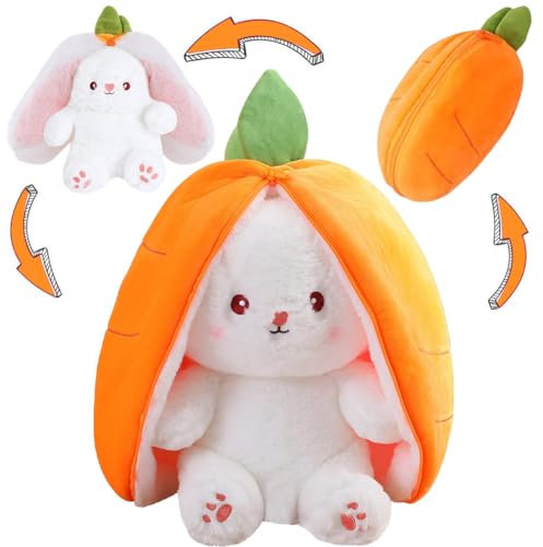 MOPQMKT Kuscheltier Hasen Verstecken, Hase Plüschtier Verstecken Gelb, Plüschtier Hase,Erdbeeren Karotten Hase mit Reißverschluss, Kuscheltier Osterhase Puppe Geschenk für Kinder Geburtstag Geschenk