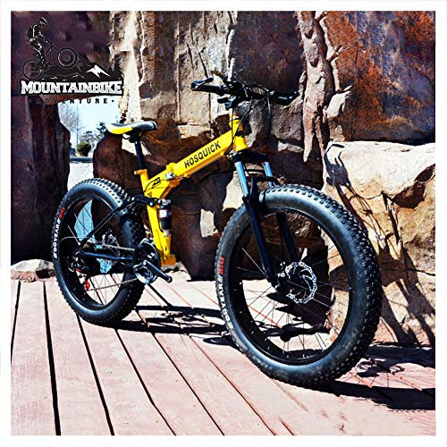 Fat Tire Mountainbikes 26 Zoll Doppelfederung für Männer und Frauen, Faltbares Mountainbike für Erwachsene mit mechanischen Scheibenbremsen, Mountainbike aus Kohlenstoffstahl,Gelb,30 Geschwindigkeit