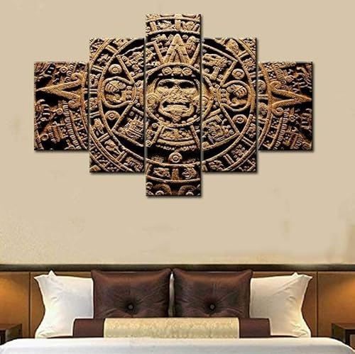 QYYAMDEQ Moderne Bilder Wohnzimmer 5 Teiliger LeinwandbilderAztekischer Kalender Maya-Kultur Poster Mit Rahmen Hd Für Heimdekoration Personalisierte Bilder Leinwandbilder Xxl