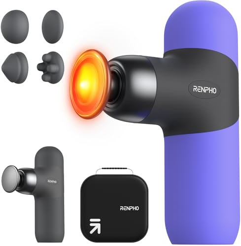 RENPHO Mini Thermal Massagepistole mit Wärmefunktion, Mini Massage Gun Tragbares Modisches Perkussions Massagegerät, mit Farbige Silikonhüllen, Reisegröße mit Tragetasche, für Muskel Massage, Lila