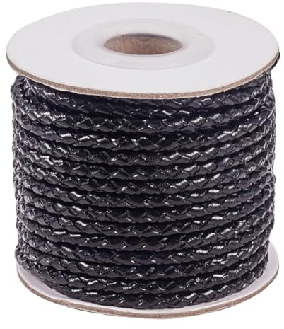 CABODYALS Cordon en Cuir Tressé Noir de 10 m et 3mm Cordon Rond en Cuir de Vache Véritable Plié avec Bobine pour la Fabrication de Bijoux Colliers Bracelets Porte Clés Fournitures de Bricolage