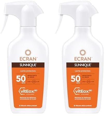 Ecran Sunnique - Leche Protectora Solar SPF 50 en Spray, Protección Media UVA, UVB y IR-A, Refuerza las Defensas, Resistente al Agua, para la Piel de Toda la Familia - 270 ml (Paquete de 2)