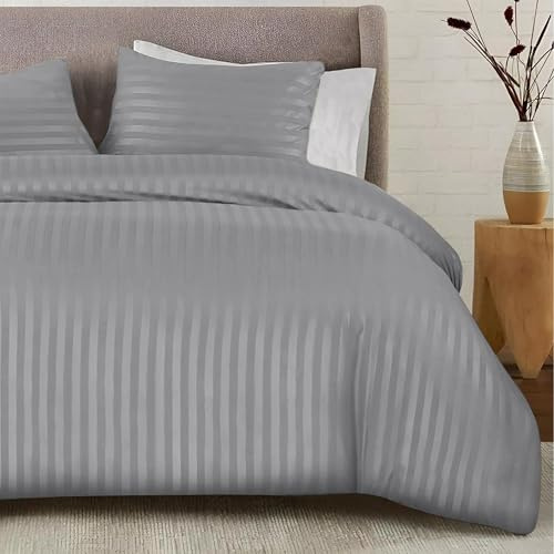 SSW HOMES Grey King Duvet Cover Set - Soft Easy Care Brushed Microfiber Satin Stripe Bedding Set - Hotel Quality Hypoallergenic Shrinkage and Fade Resistant Cover With 2 Striped Pillowcases