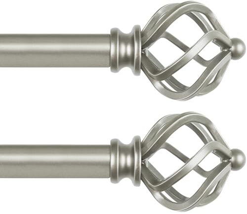 KAMANINA Paquete de 2 barras de cortina de color plata envejecida de 80 a 148 cm de largo, barra de cortina decorativa extensible con remates de jaula giratoria para ventana, sala de estar, dormitorio