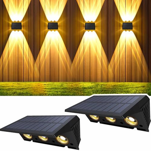 Delaiglow solarlampen für außen wand, solar wandleuchte aussen Nach Oben und Unten Beleuchtet, 6 LEDs, IP67 Wasserdichte Zaun Beleuchtung für Garten Balkon Terrasse solarleuchten Warmweiß 2er