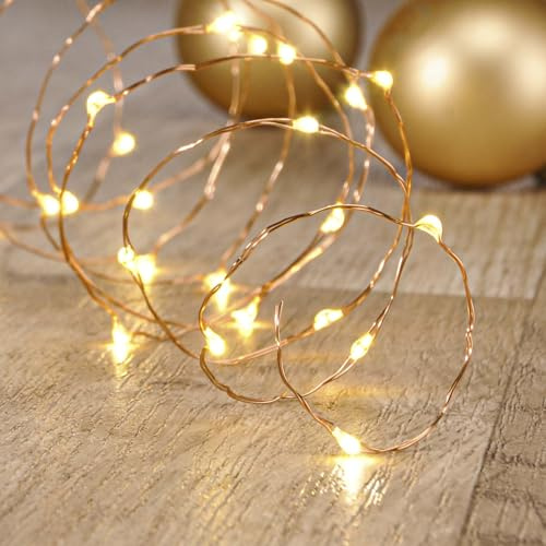 Ambients LED Kupferdraht Lichterketten 2 m 20 LEDs, 3 Stück mit Timer, Batterie, warmweiß für innen, 50 cm Zuleitung, 10 cm Lampenabstand, flexibler Kupferdraht, 2xAA
