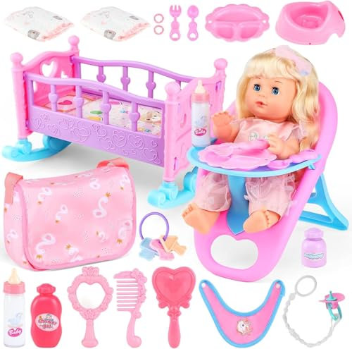 13 Baby Puppe Set mit Zubehör, Puppen Rollenspiel-Spielzeug für Mädchen ab 3 Jahren, inkl. Bett, Füttern-Set, Kleidung, interaktiver Flasche & Stuhl, komplettes Puppenpflege-Set mit Lernfunktion
