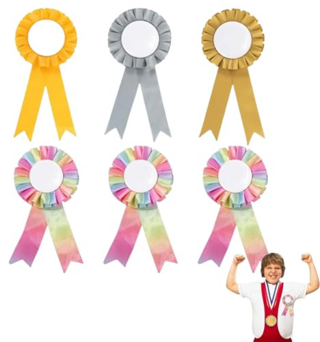 OUDQFCJ 6 PCS Hobby Horse Zubehör, Pferde Zubehör, Holzpferd Zubehör, Rosetten für Gewinner, Schleifen (Gold, Silber, Regenbogen)