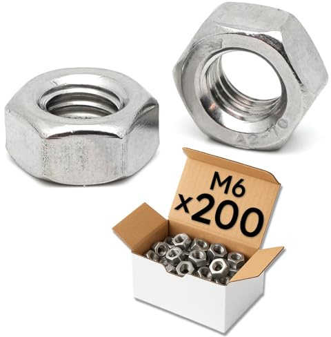 200 pièces Écrou M6 inox - Ecrous hexagonaux en Acier Inoxydable A2 pour vis métal diamètre 6mm, lot en boîte, Boulon filetage métrique DIN 934 / ISO 4032