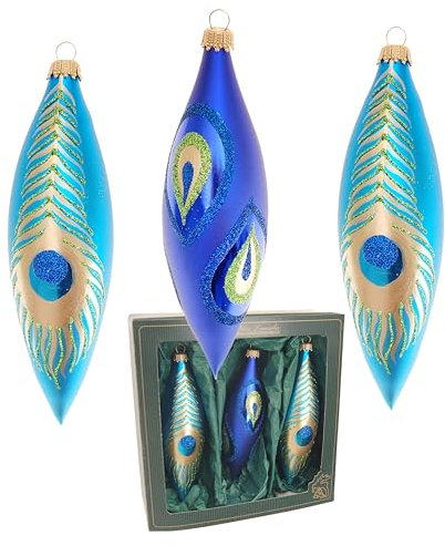 Krebs Glas Lauscha - Weihnachtsdekoration/Christbaumschmuck aus Glas - Weihnachtsanhänger - Form: Olivenform - Farbe: Blau matt - Menge: 3 Stück - Motiv: Pfau - Größe: 15 cm