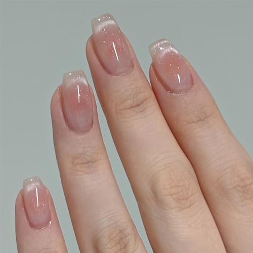 Cat Eye False Nails - Short Press On Nails - Nude Pink Stick On Nails With Blush Design - Coffin Shapes Fake Nail With Glue - Acrylic Full Cover Glue On Nail Foe Women Girls - 24pcs