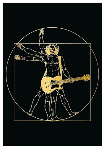 Gutsch Verlag Postkarte Kunstpostkarte Vitruvianischer Mensch mit E-Gitarre goldene Illustration auf schwarzem Hintergrund originelle Postkarte