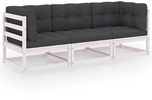 QJBSAVVA Gartensofa 3-Sitzer Massiv-Kiefer Weiß Anthrazit Kissen 70x70x67 cm Robustes Outdoor Sofa mit Rückenpolster Modernes Design komfortable Sitzecke für Balkon Terrasse Garten