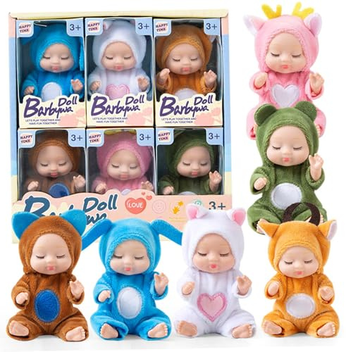 Mini-Babypuppen, 6 Stück, 10, 9 cm (4, 3 Zoll), kleine Babypuppe, bewegliche realistische Puppe mit Tierkleidung, niedlich für Kleinkinder, Mädchen, Kinder ab 3 Jahren, Geburtstagsgeschenke, Heim