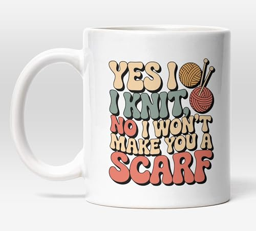 Millhouse Prints Yes I Knit, No I Won't Make You a Scarf Mug – Funny Knitting Coffee Cup – Retro Yarn Design – 11oz Ceramic