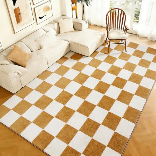 WohnzimmerTeppich Mit Karomuster, Kurzflor, 140X200cm, Beige und Gelb | Teppich Weicher Pflegeleicht, rutschfeste Rückseite, Modernes Design, für Wohnzimmer, Schlafzimmer, Kinderzimmer