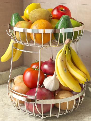 Tiered Fruit Bowl with 2 Banana Hangers for Kitchen Storage, Silvery | Large Capacity for Whole Family Load Veg, Bread & Snacks, Modern Wire Suits Any Styles, Washable Mats Included to Keep Fresh