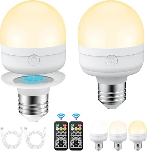 OHFAMO Lampadina LED Magnetica Ricaricabile 2 Pezzi E27/E26 - Lampadina Senza Fili con 3 Temperature di Colore Dimmerabile Telecomando Timer USB-C Luce Batteria per Camera Campeggio Emergenza