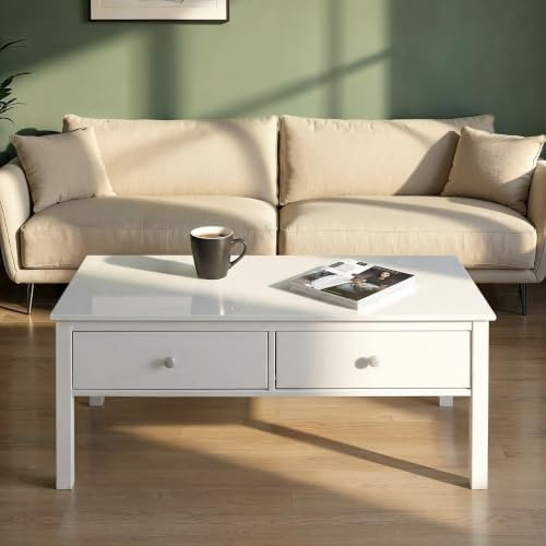 Inter Link Couchtisch aus Kiefer Massivholz mit Schublade – Wohnzimmertisch – Robuster Sofatisch mit Zwei Schubladen – Lackierte Oberfläche – Massivholz Couchtisch für Wohnzimmer weiß lackiert