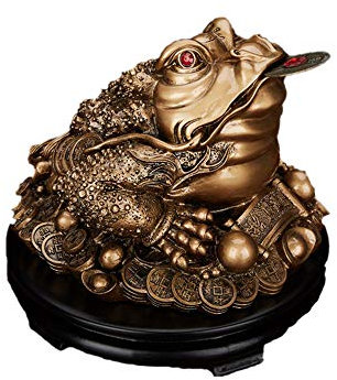 Feng Shui Dekofigur Geldfrosch aus Kunstharz, dreibeinige Kröte / Reichtums-/Geldfrosch auf schwarzem Sockel, für den Schreibtisch, Kunstharz, bronze, M