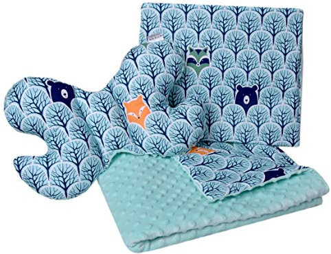 Medi Partners Babydecke Krabbeldecke Set 3in1 100% Baumwolle Minky Kinderdecke 55x75 + 35x30cm flaches Kissen und Anti-Schock-Kissen Schmetterling (Wald mit minzer Minky)