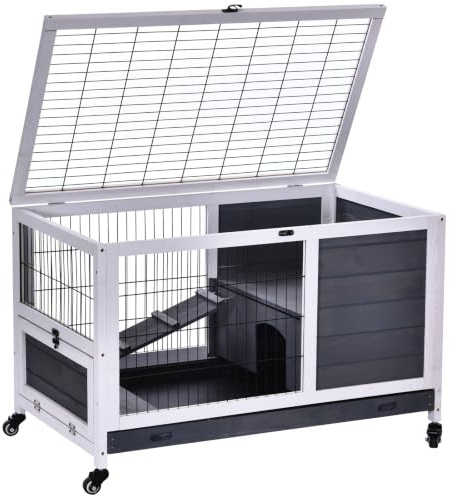PawHut Indoor Rabbit Cages Guinea Pig Hutch Openable Roof Wheels White | Indoor Enclosed Run, No-Leak Tray