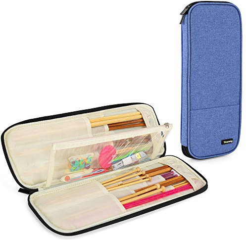 Teamoy Knitting Needles Case, Knitting Needles Storage Bag for Knitting Needles(up to 14 /35.5cm), Organiser Case for Tunisian Crochet Hooks with Transparent Accessories Pocket, Blue(Bag Only)