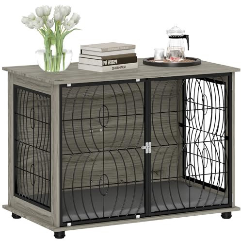 PawHut Hundekäfig für Zuhause, Haustierkäfig, Indoor Hundehütte mit Fenster, Hundebox mit Kissen, Hundehaus für große Hunde, 100 x 60 x 73,5 cm, Grau