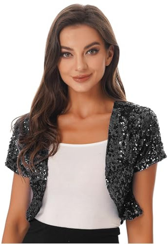 Freebily Damen Glitzer Bolero Festlich Glänzende Pailletten Schulterjacke Jäckchen Kurzarm Hochzeit Braut Bolero Jacke vorne offen Crop Top Schwarz_B One Size