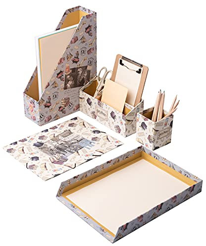 Grupo Erik - Organisateur de Bureau Harry Potter - Rangement de Bureau Multifonctionnel en Carton | Inclut : Pot à Crayon, Chemise à Rabats, Porte-revue, Corbeille à Courrier, Range-lettres