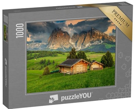 puzzleYOU: Puzzle 1000 Teile „Frühling auf der Seiser ALM mit Langkofelgruppe, Dolomiten, Italien“ – aus der Puzzle-Kollektion Natur, Alpen, Italien, Landschaft