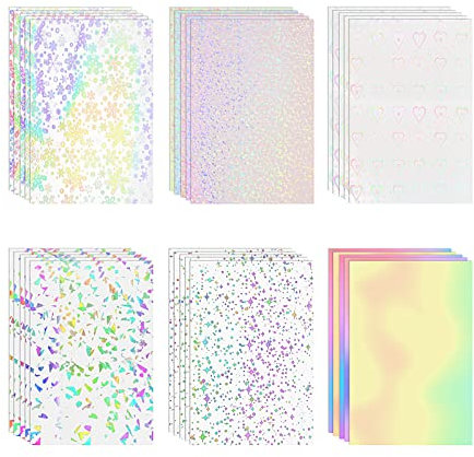Gearific 30 Sheets Transparent Holographic Overlay Lamination Glitter Vinyl Sticker Paper A4 Size Self Adhesive Permanent Vinyl Sheets (6 Patterns)