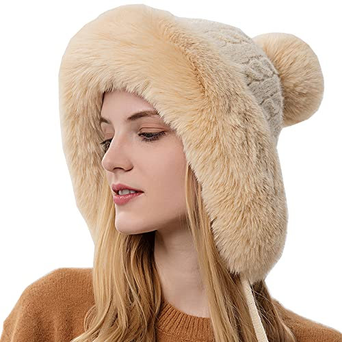 YEKEYI Damen Winter Sturmhaube Warm Kapuze Pullover Strickmütze, beige, 58