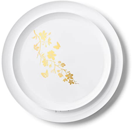 Decor Decorline - Ensemble Vaisselles d'assiettes Plastique Dur et Réutilisables, Deco Fleur 20 pièces/Pour 10 Personnes - Blanc/Or - Assiettes Dîner & Entrée Dessert - 2 tailles (10x26cm & 10x21cm)
