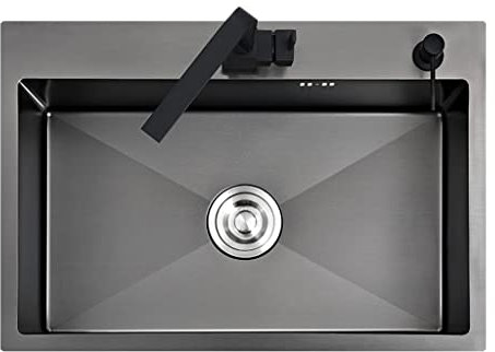 Fregaderos de Cocina de Acero Inoxidable Fregadero de Cocina de un Solo intestino Gris Oscuro sobre encimera y Lavabo de Verduras de Montaje Inferior (Negro 60x45cm)