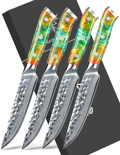 SANMUZUO Ensemble de couteaux à steak de 4 pièces, couteau à steak de cuisine ultra-tranchant non dentelé de 13 cm - Acier de Damas et manche en résine - Série Yao