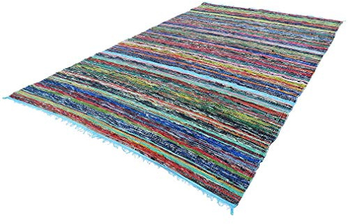 MAM Treasures Chindi-Teppich, Flickenteppich, Heimdekoration, böhmischer indischer Teppich, Bodendekoration, bunt, Baumwolle, Wohnzimmerteppich, Badezimmerteppich, Überwurf, Teppich (Hellblau, 6 x 90