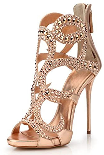 AKAZI Damen Hohle High Heels Open Toe Strass Sandaletten Runder Fischmund Künstliche PU Stiletto Schuhe Golden Bling Handmade Schuhe (Rose Gold 41 EU)