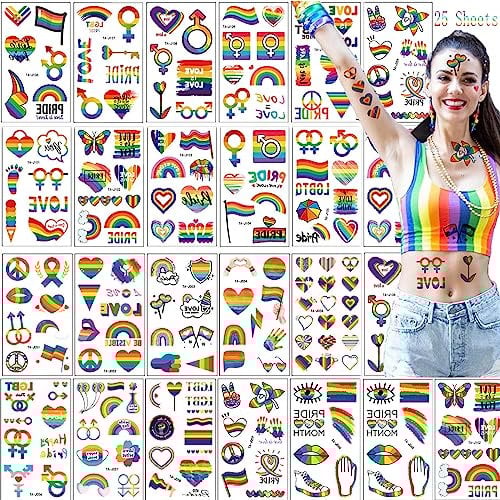 25 Sheets 200PCS Pride Temporary Tattoos,LGBTQ Gay Lesbian Rainbow Pride Tattoos,Waterproof Pride Stickers for Pride Parade Festival Party Supplies Pride Decorations