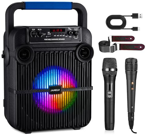 JAMELO Karaoke Maschine mit 2 Mikrofonen, Bluetooth Lautsprecher mit Lichteffekte, PA Anlage Unterstütz TF-Karte/USB/AUX IN, Karaoke Maschine System für Party/Meeting/Hochzeit/Home KTV Geschenk