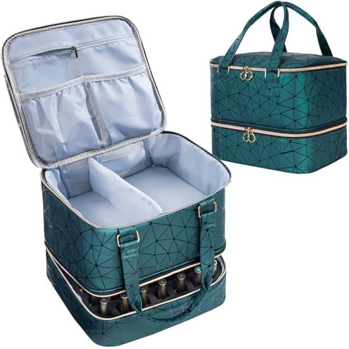 Uross Nagellack Organizer für 42 Nagellackflaschen und 1 LED-Nagellampe, Nagellack Aufbewahrung Tasche für Nageldesign Zubehör（Dunkelgrün）