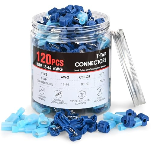 Nilight 120PCS/60 Pairs Quick Splice Disconnect Wire Terminals T-Tap Spade Connectors Blue 16-14 AWG Male Female Fully Insulated Crimp Self-Stripping Kit
